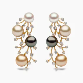 Ombré 18K Gold Mix Pearl and Diamond Cluster Earrings