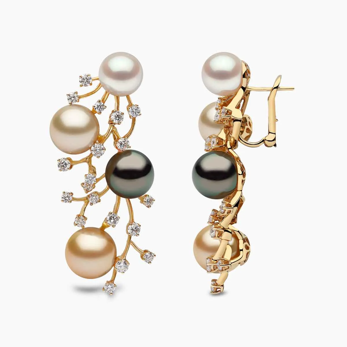 Ombré 18K Gold Mix Pearl and Diamond Cluster Earrings