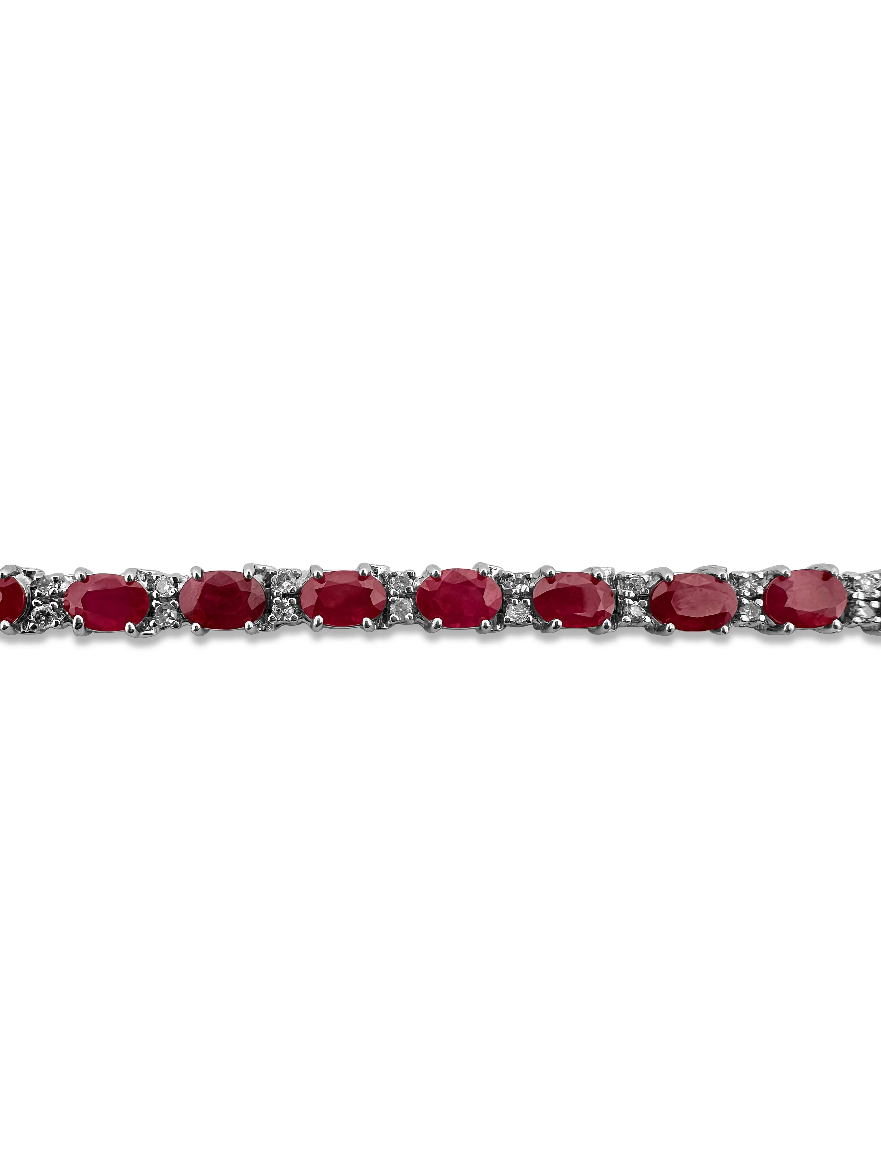 Oval Ruby and Round Brilliant Diamond Line Bracelet in 14k White Gold