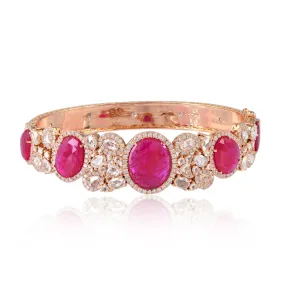 Oval Ruby Gemstone Prong Natural Rose Cut Diamond Designer Bracelet In Rose Gold