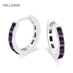 Paris Jewelry 18K White Gold Created Deep Amethyst 3Ct Emerald Cut Huggie Hoop Earrings Plated