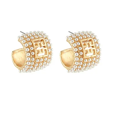 Pave Pearl Wide Hoop Earrings