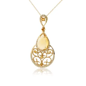 Pear Cut Citrine & Diamond Filigree Pendant w/Chain