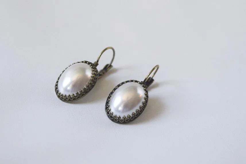 Pearl Cabochon Earrings with Crown Settings - Large Oval