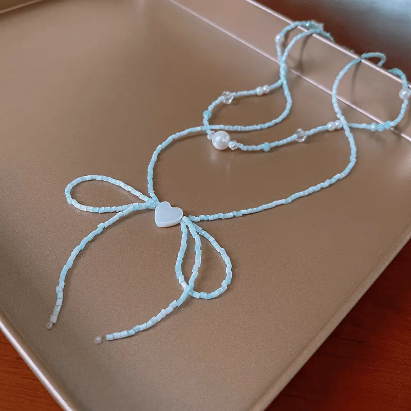 Pearl Charm Heart Ribbon Choker Necklace