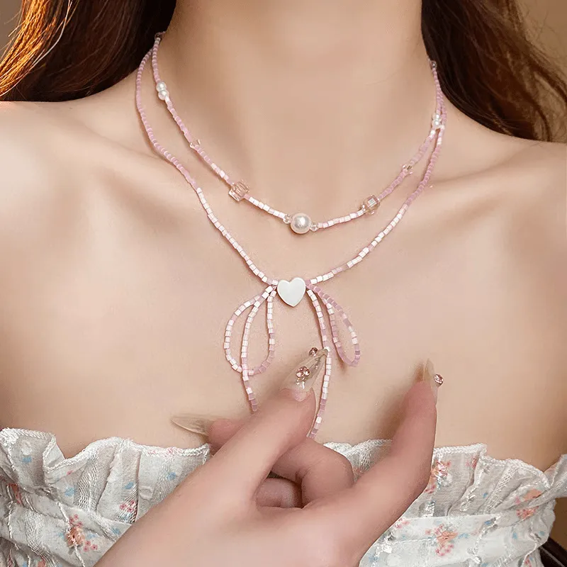 Pearl Charm Heart Ribbon Choker Necklace