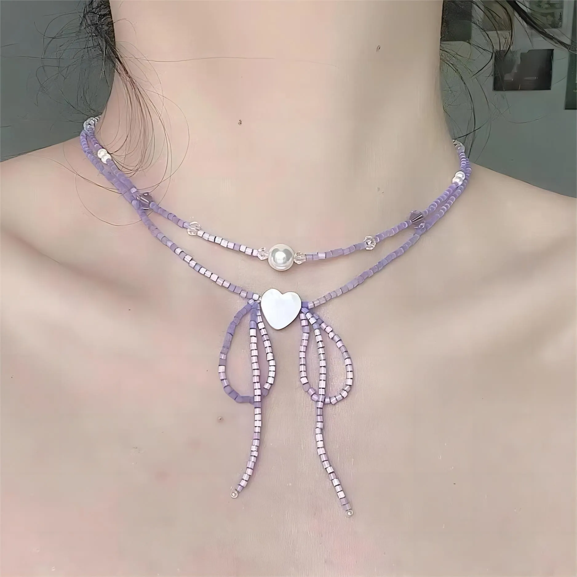 Pearl Charm Heart Ribbon Choker Necklace