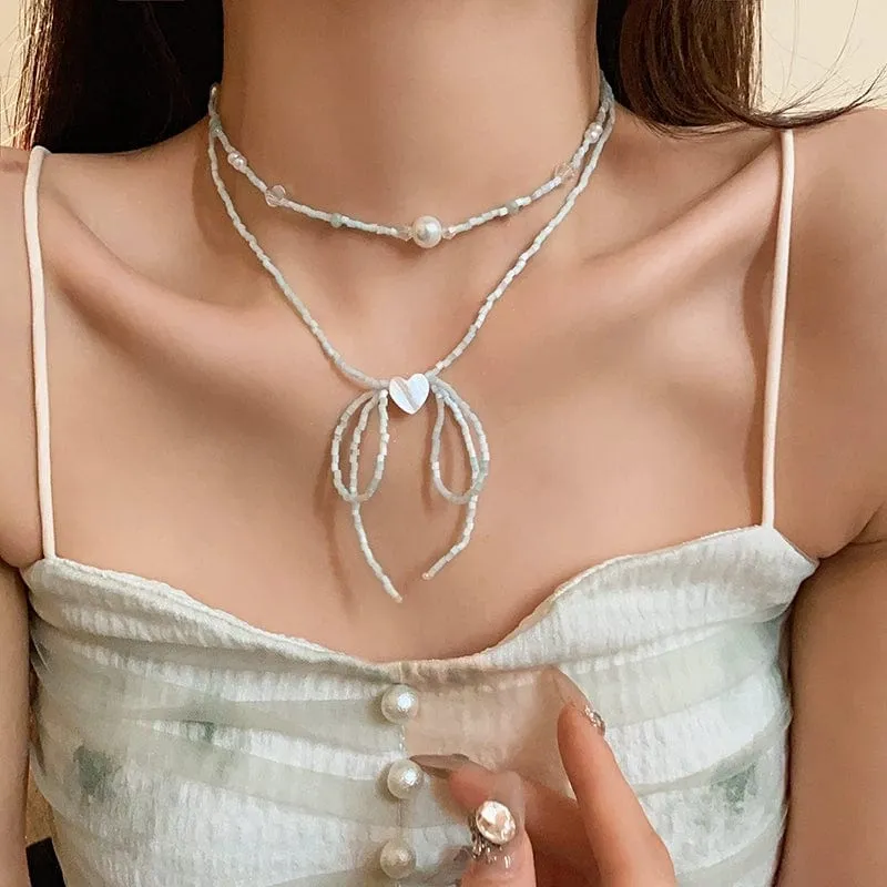 Pearl Charm Heart Ribbon Choker Necklace