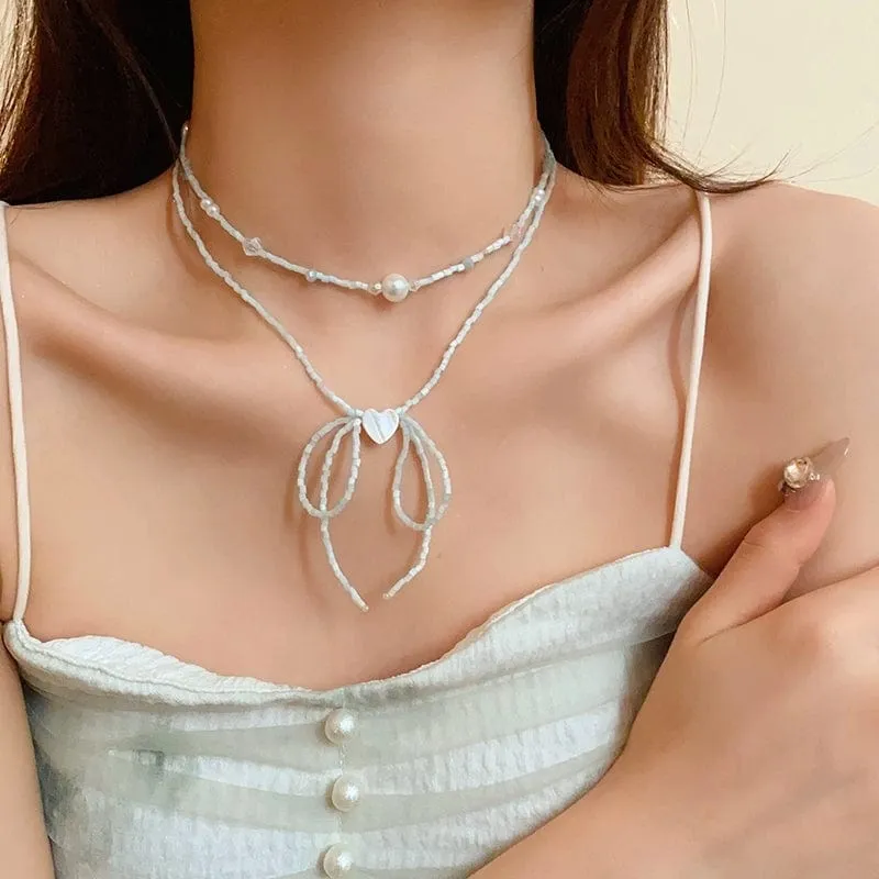 Pearl Charm Heart Ribbon Choker Necklace