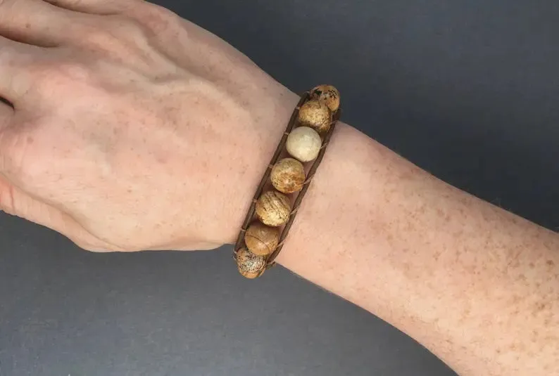 Picture Jasper Wrap Bracelet on Brown/Black Leather