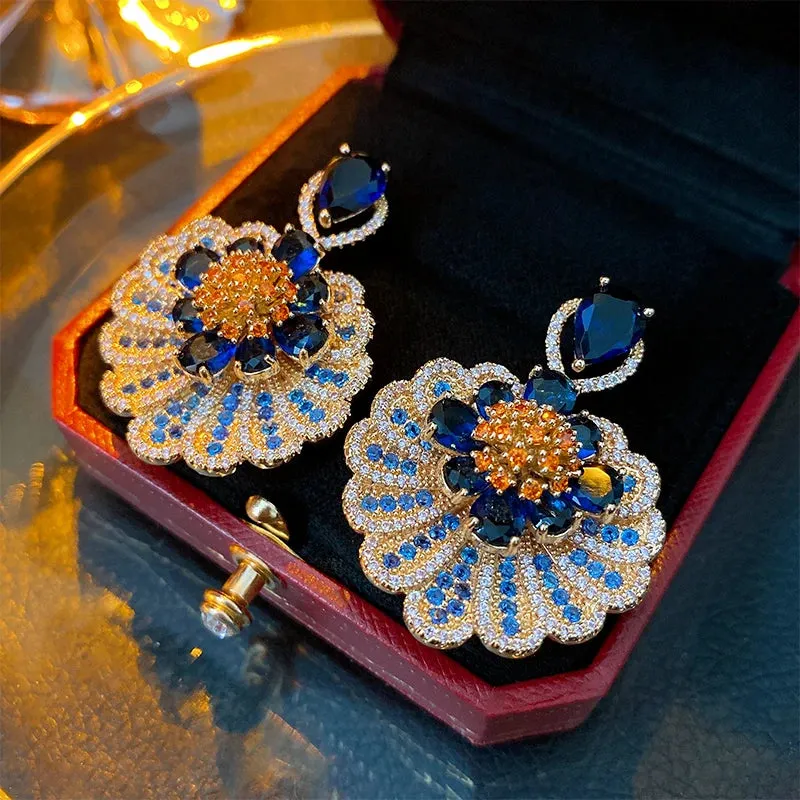 Pre Order:  Blue Drop Flower Pendant Rhinestone Earrings