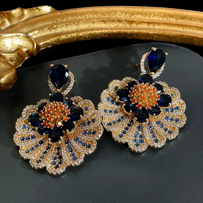 Pre Order:  Blue Drop Flower Pendant Rhinestone Earrings