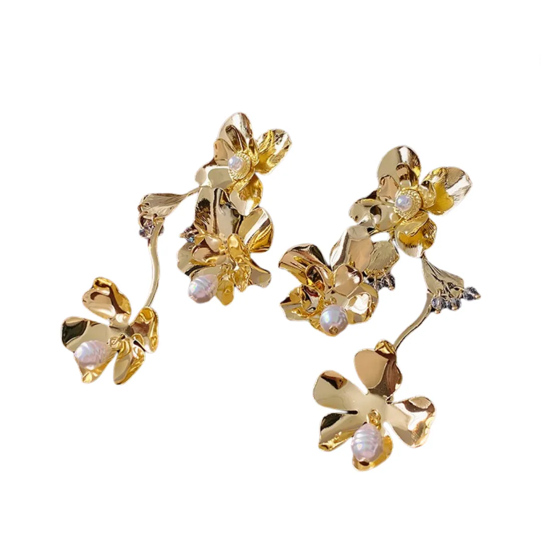 Pre Order: Metallic Flower Pearls Exaggerated Earrings