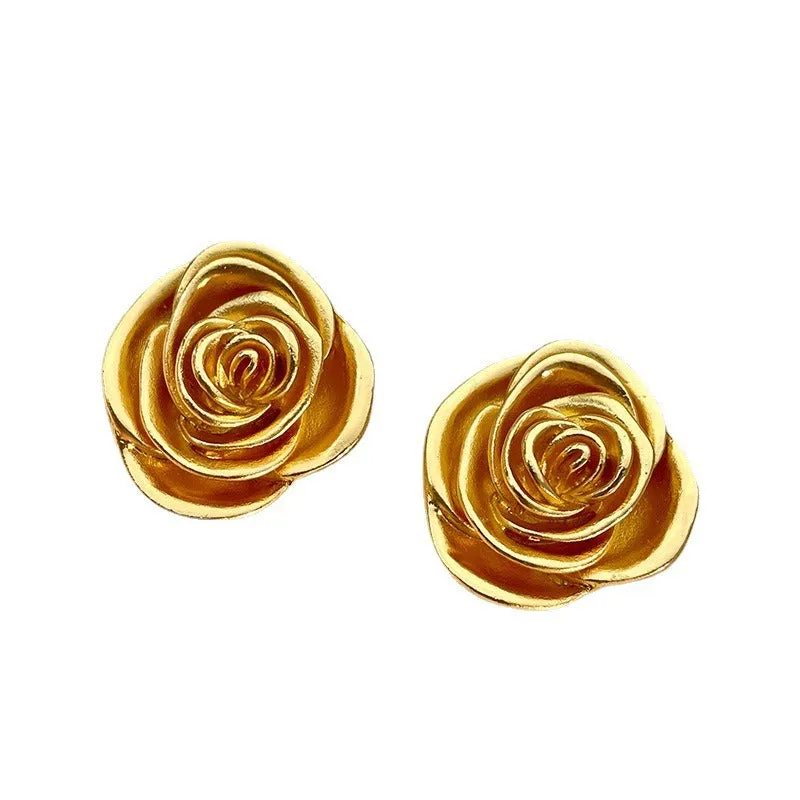 Pre Order:  Retro Medal Gold Three-Dimensional Rose Stud Earrings