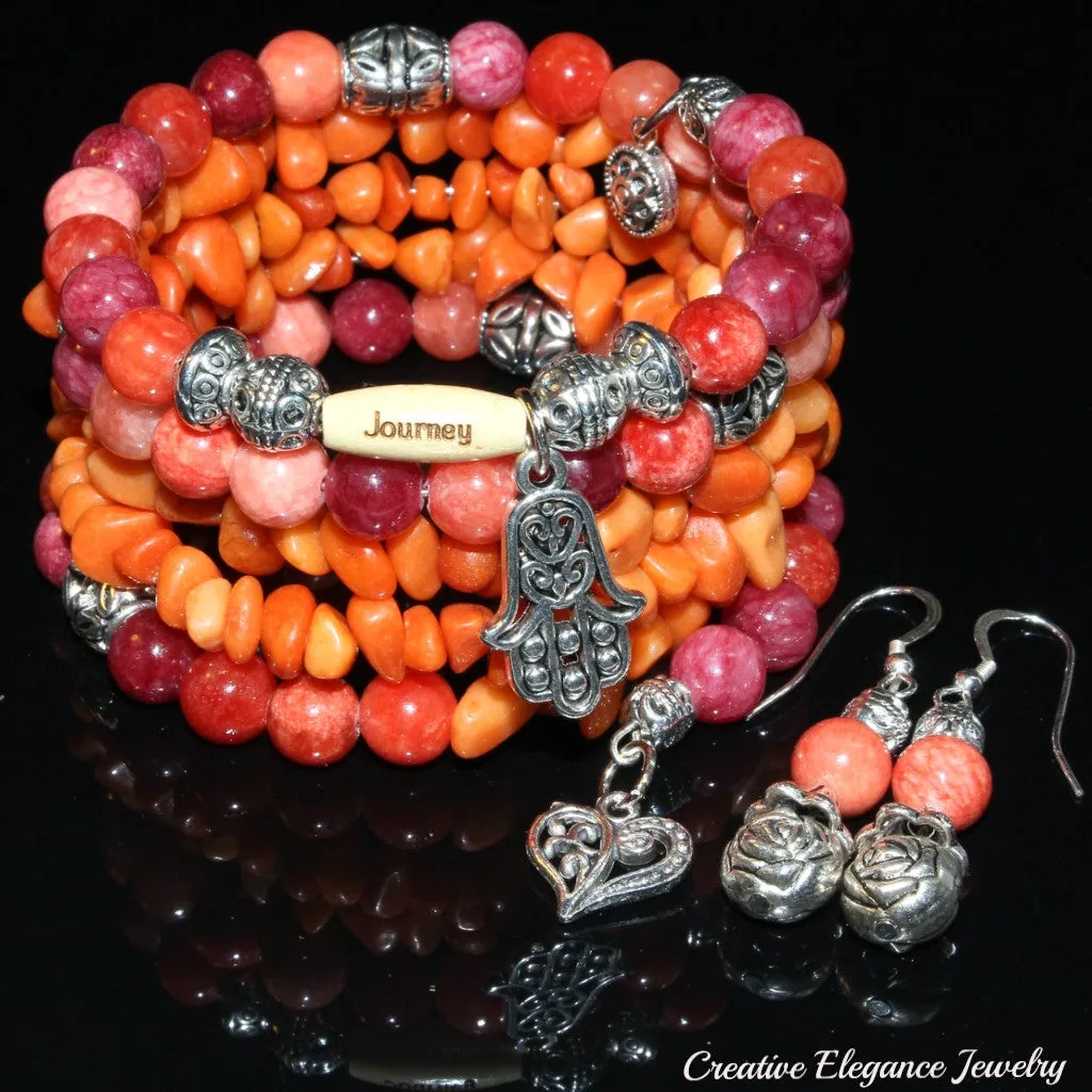 Quartzite Ruby Gemstone, Charms Cuff Wrap Bracelet And Earrings Set