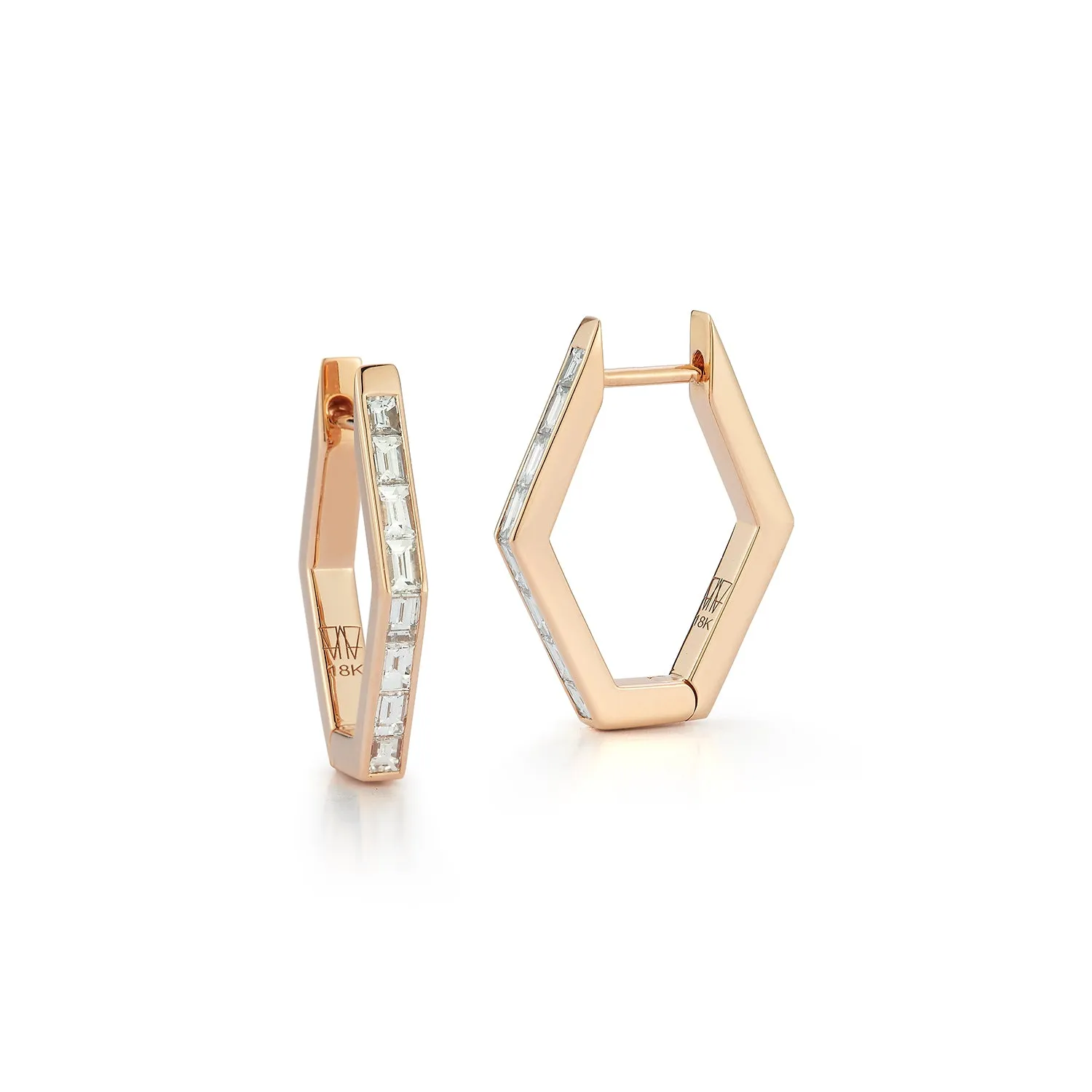 QUENTIN 18K BAGUETTE DIAMOND HEXAGON HOOP EARRINGS