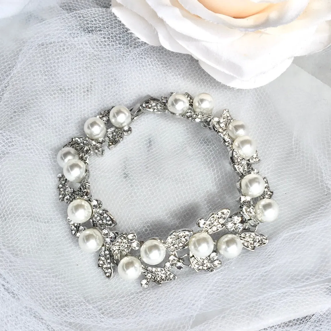 "Sidra" - Pearl and Rhinestone Bridal Bracelet - Available in Silver and Gold