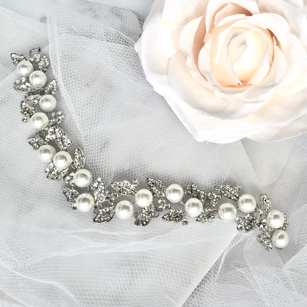 "Sidra" - Pearl and Rhinestone Bridal Bracelet - Available in Silver and Gold