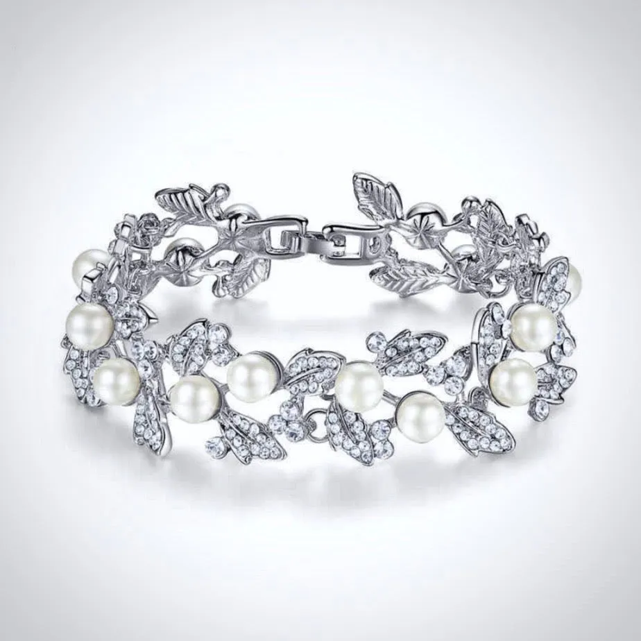 "Sidra" - Pearl and Rhinestone Bridal Bracelet - Available in Silver and Gold