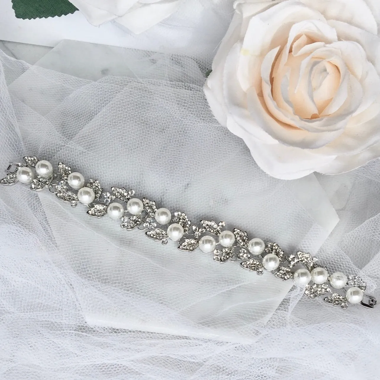 "Sidra" - Pearl and Rhinestone Bridal Bracelet - Available in Silver and Gold