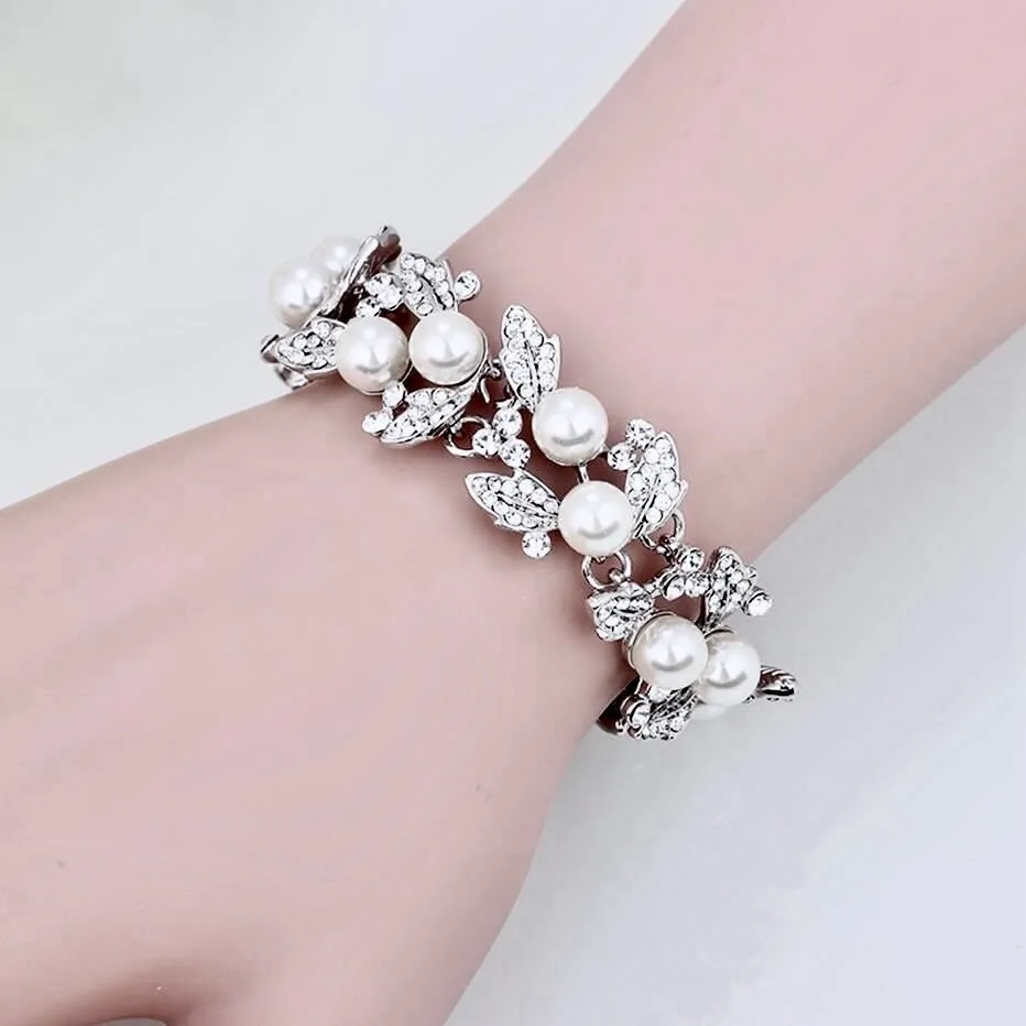 "Sidra" - Pearl and Rhinestone Bridal Bracelet - Available in Silver and Gold