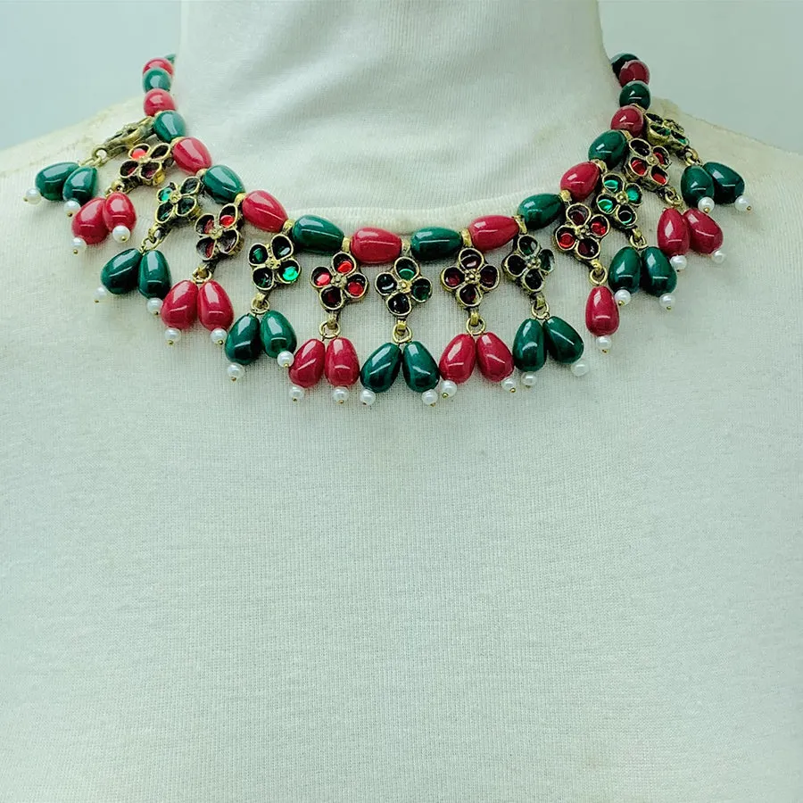 Red and Green Beaded Statement Choker Necklace