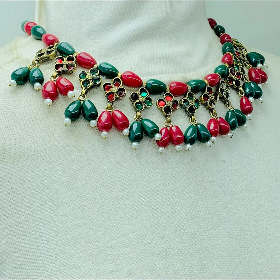 Red and Green Beaded Statement Choker Necklace