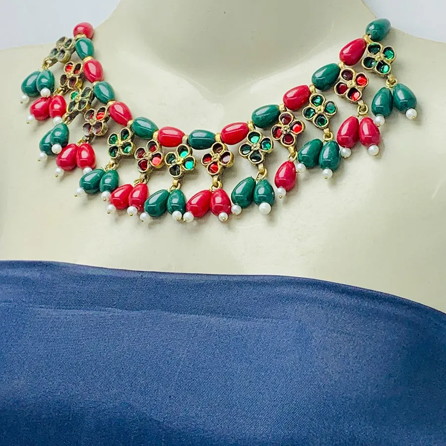 Red and Green Beaded Statement Choker Necklace