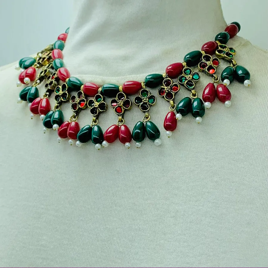 Red and Green Beaded Statement Choker Necklace