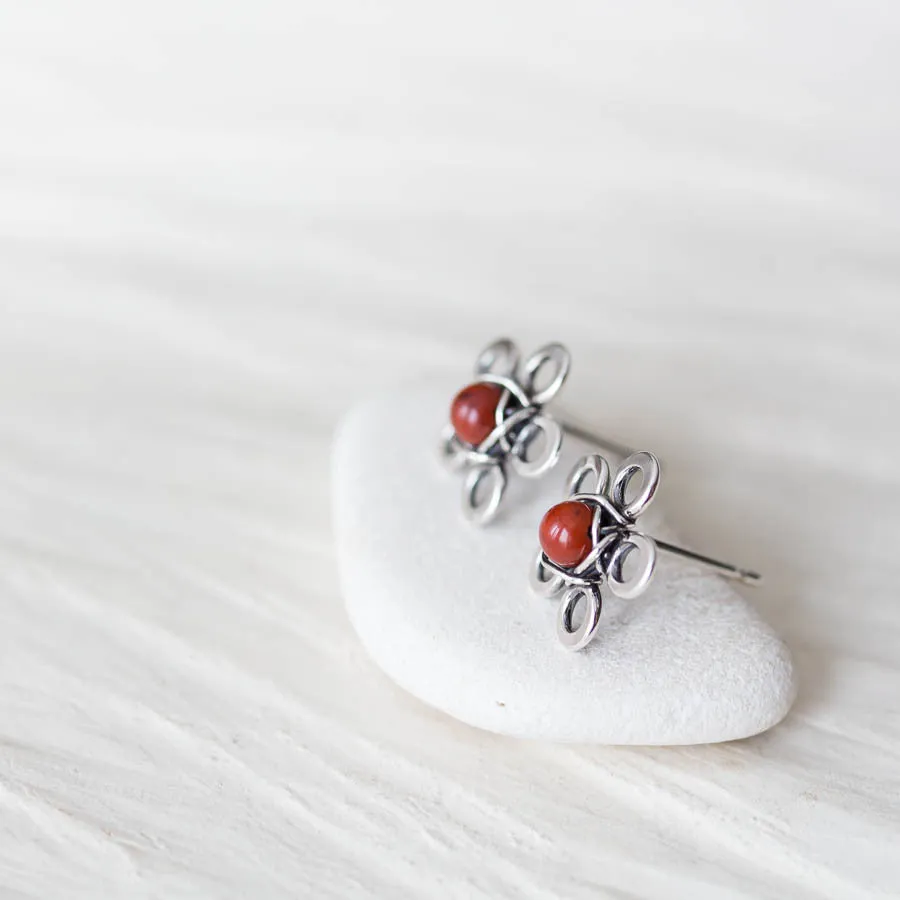 Red Jasper Flower Studs, Tiny Wire Wrapped Silver Flowers