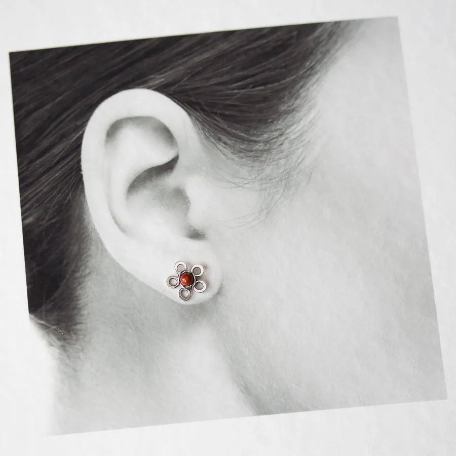 Red Jasper Flower Studs, Tiny Wire Wrapped Silver Flowers