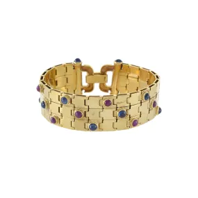 Retro Era 18KT Yellow Gold Cabochon Ruby and Blue Sapphire Bracelet