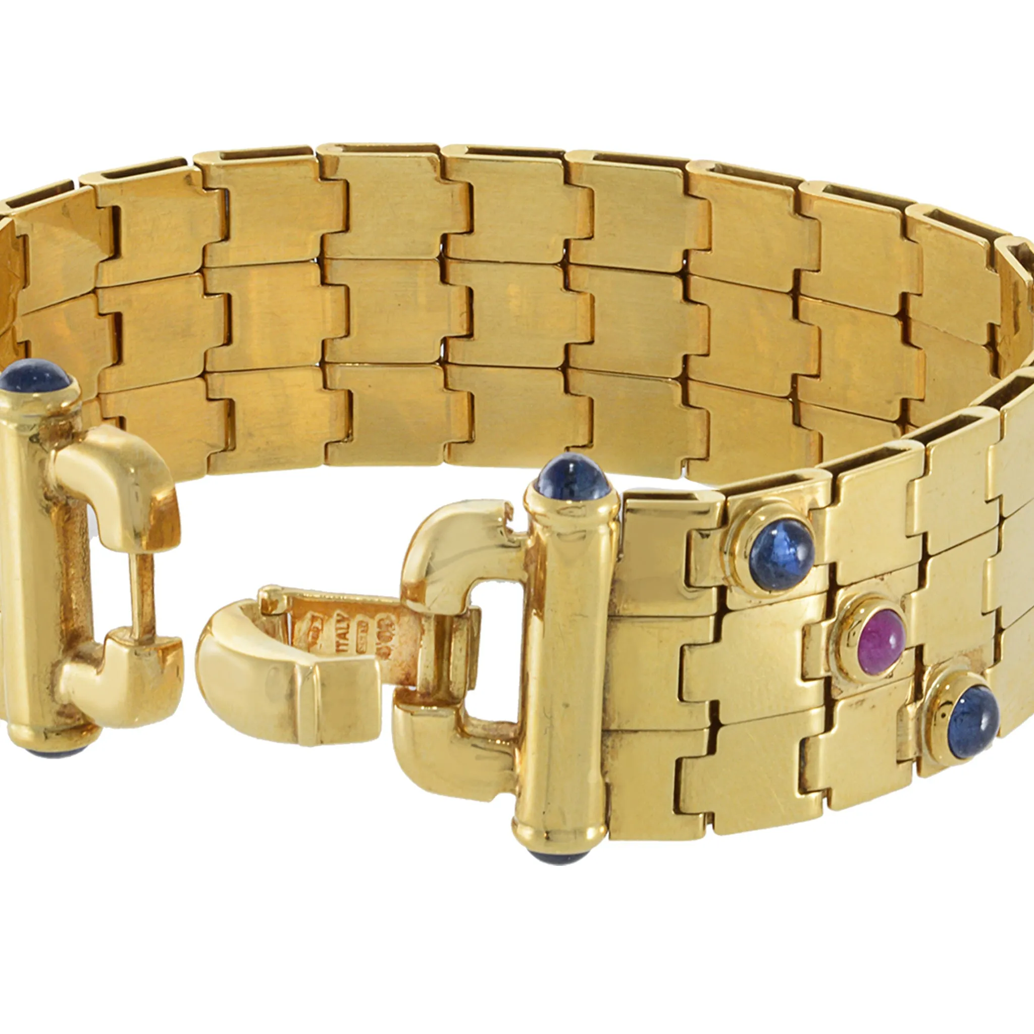 Retro Era 18KT Yellow Gold Cabochon Ruby and Blue Sapphire Bracelet