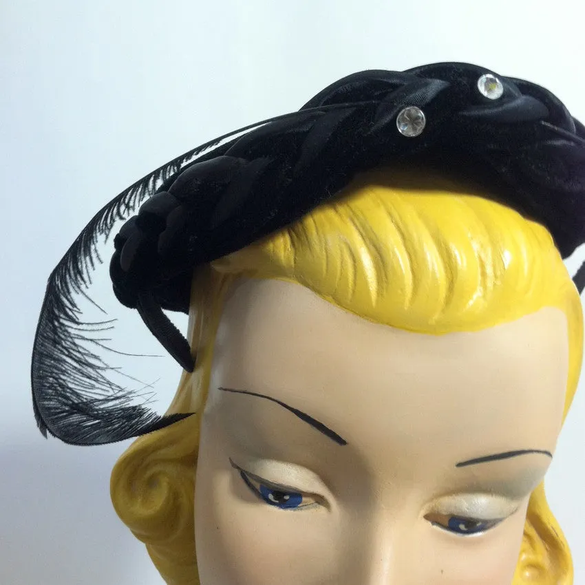 Rhinestone Trimmed Black Velvet and Satin Cocktail Hat w/ Feather circa 1950s