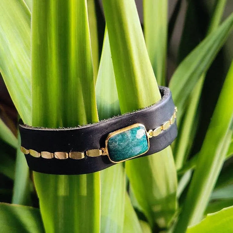 Royal Hippie by Robin Moratti - Black Emerald Leather Cuff Bracelet