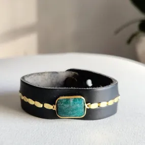 Royal Hippie by Robin Moratti - Black Emerald Leather Cuff Bracelet