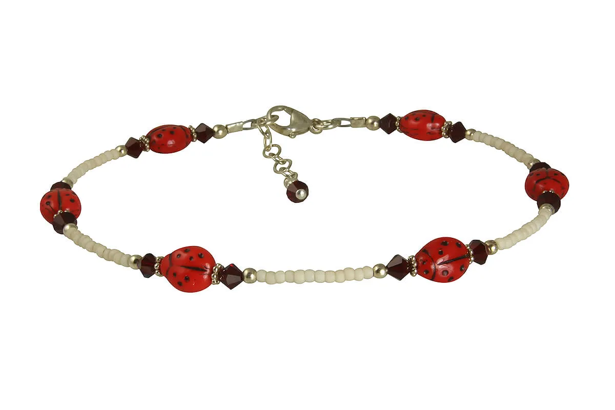 Ruby Crystal Ladybug Beaded Anklet