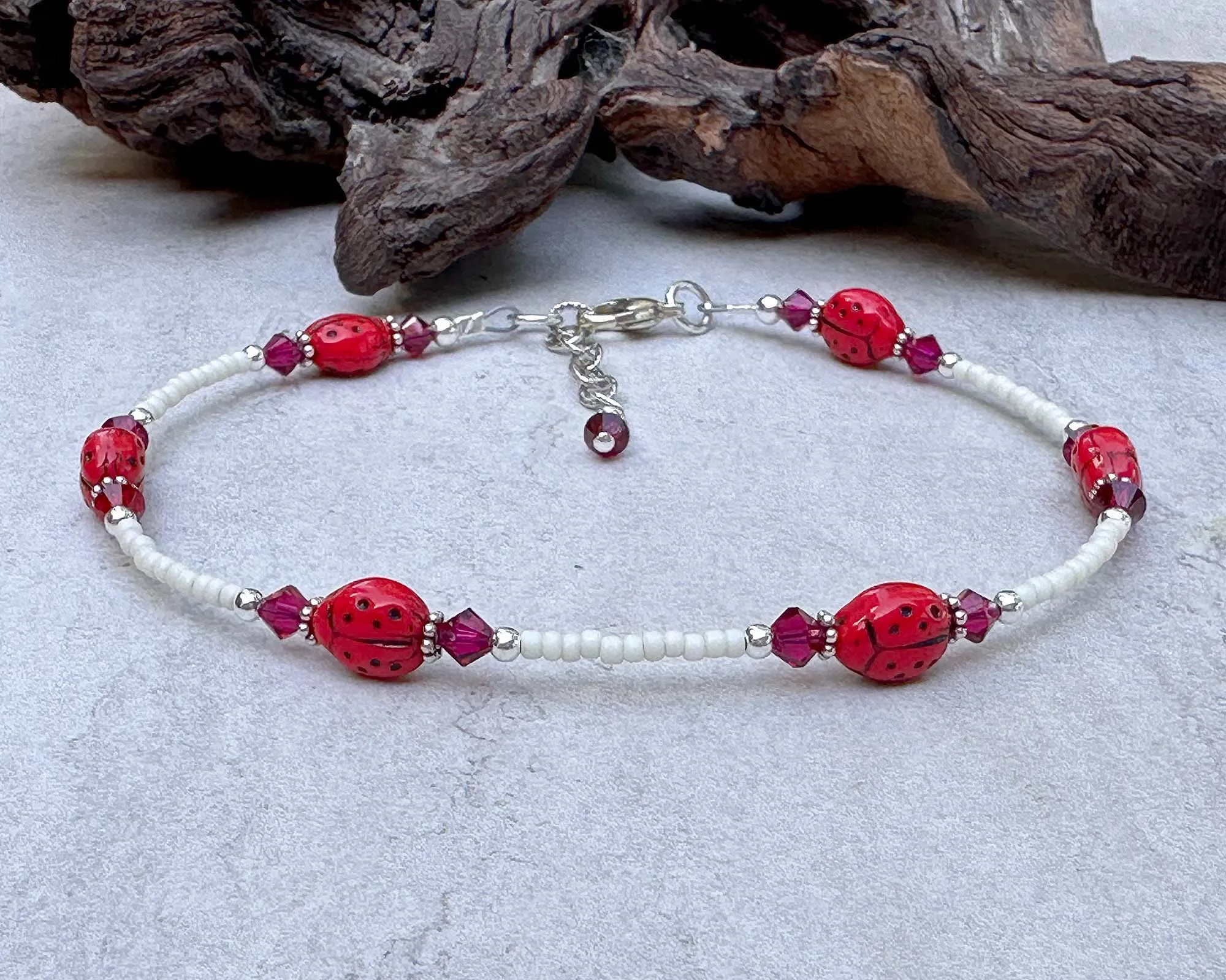 Ruby Crystal Ladybug Beaded Anklet