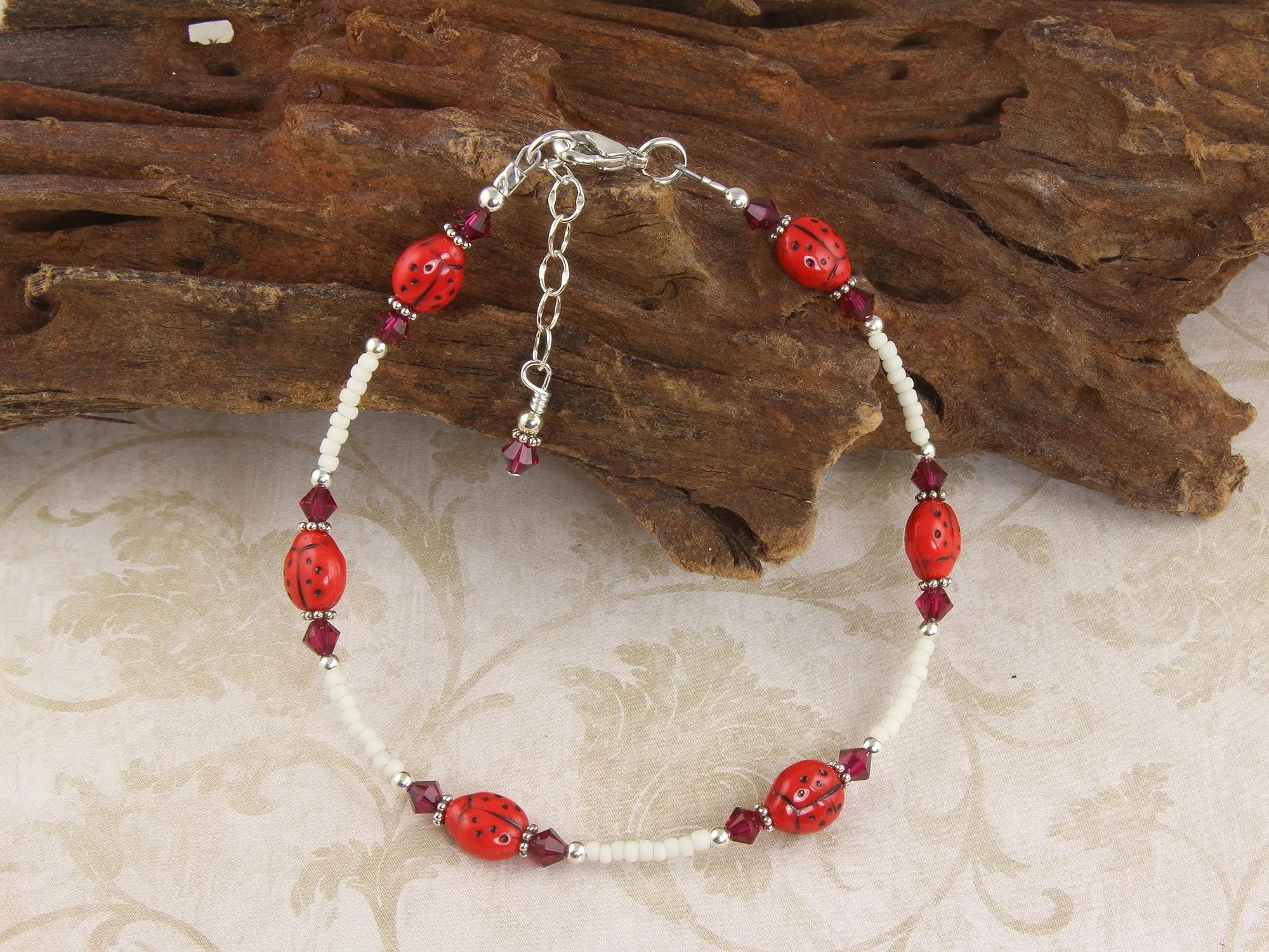 Ruby Crystal Ladybug Beaded Anklet