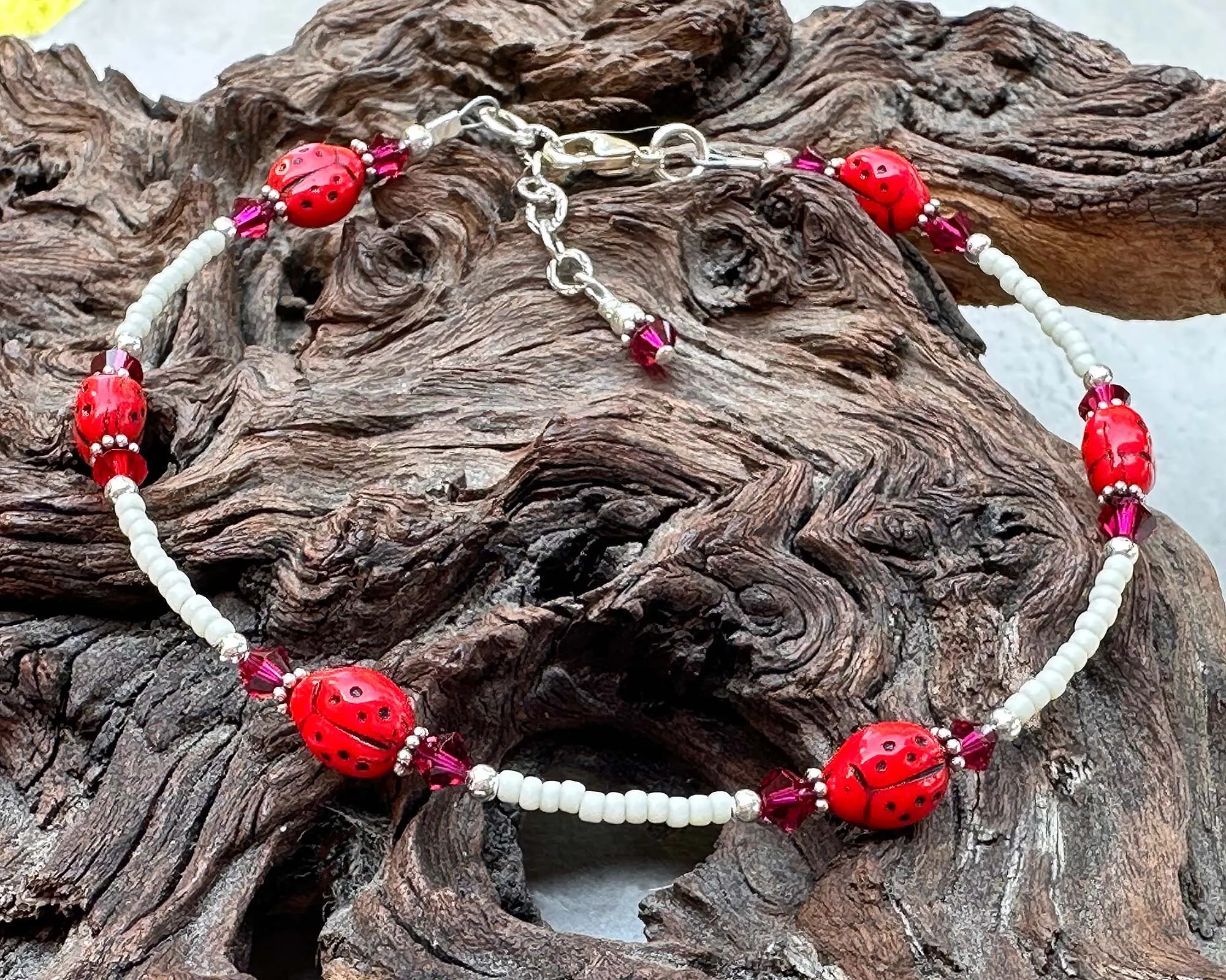 Ruby Crystal Ladybug Beaded Anklet