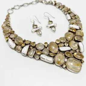 Rutilated Quartz, Citrine and Pearl Necklace and Earrings Set