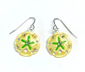 Sand Dollar Earrings - Hand Painted - Yellow and Green