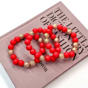 Set of Three | Making Joy Beaded Bracelets with Gold Tone Spacers in Red