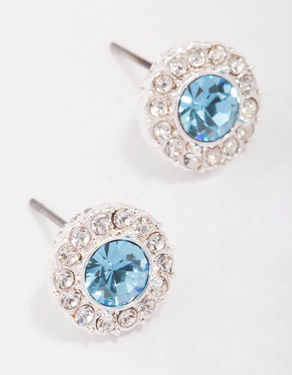 Silver Aqua Crystal Halo Stud Earrings