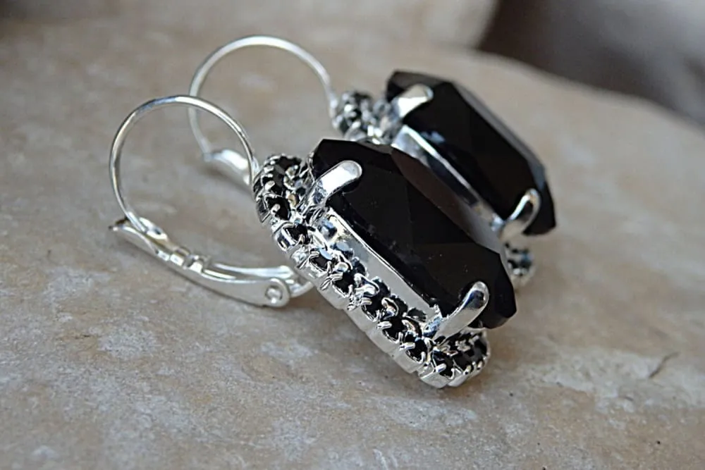 Silver black diamond drop earrings