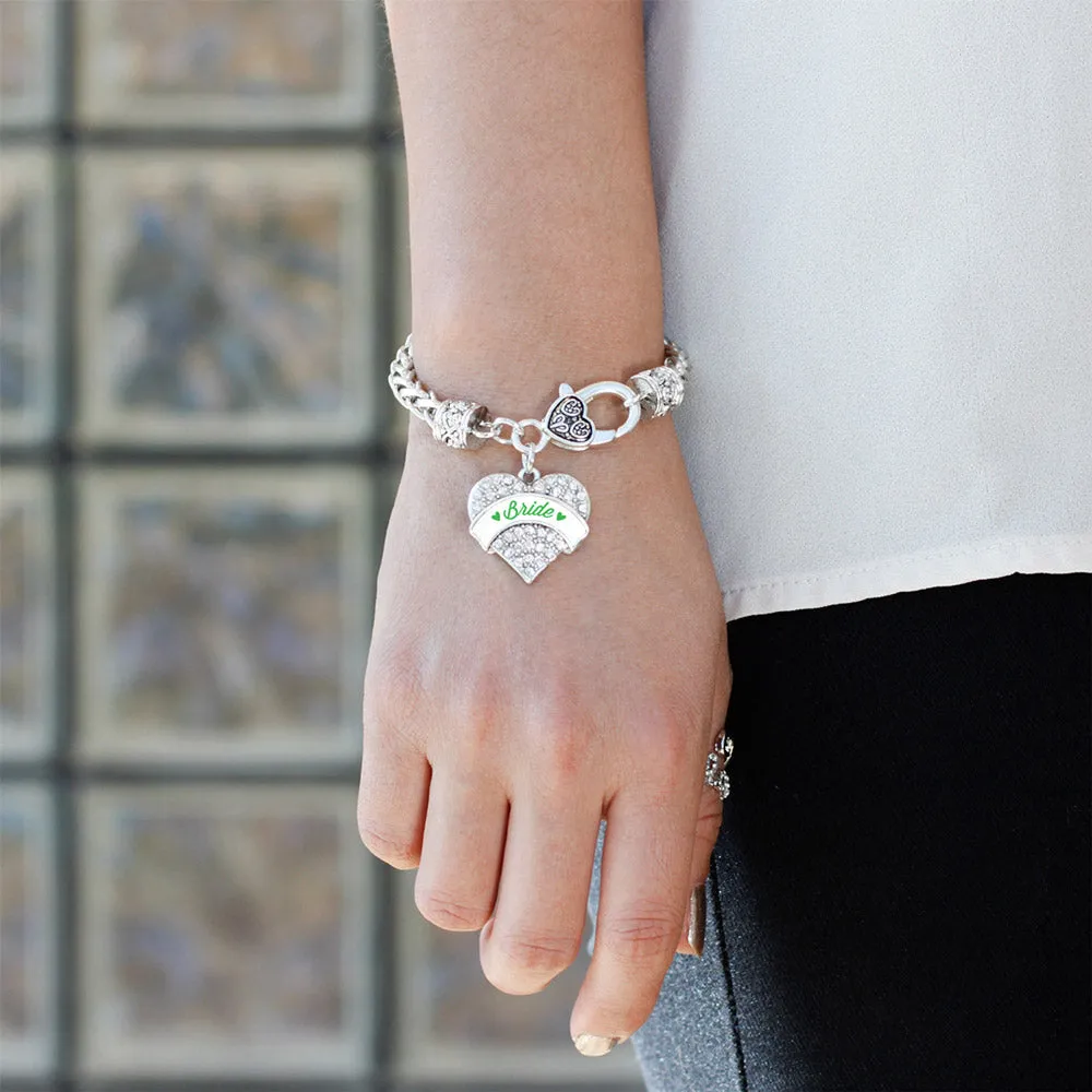 Silver Emerald Green Bride Pave Heart Charm Braided Bracelet