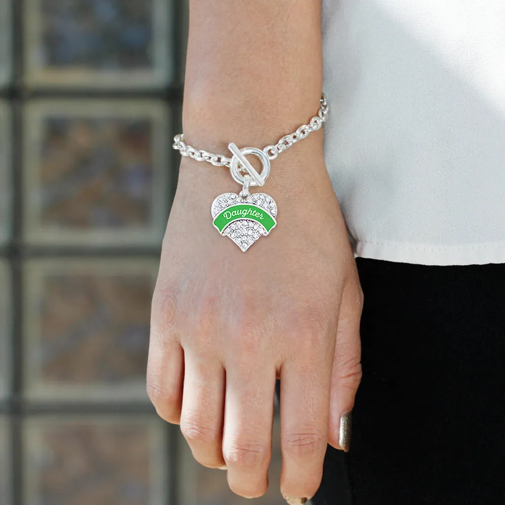 Silver Emerald Green Daughter Pave Heart Charm Toggle Bracelet