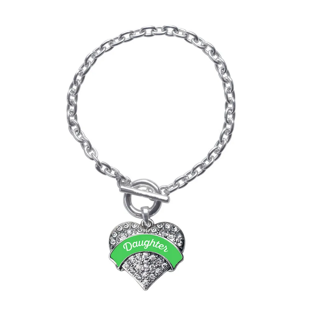 Silver Emerald Green Daughter Pave Heart Charm Toggle Bracelet