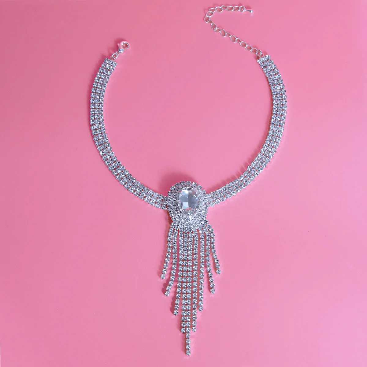 Silver Frame Fringe Rhinestone Choker