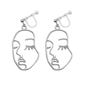 Silver Picasso Face Closed Eyes Invisible Clip On Earrings